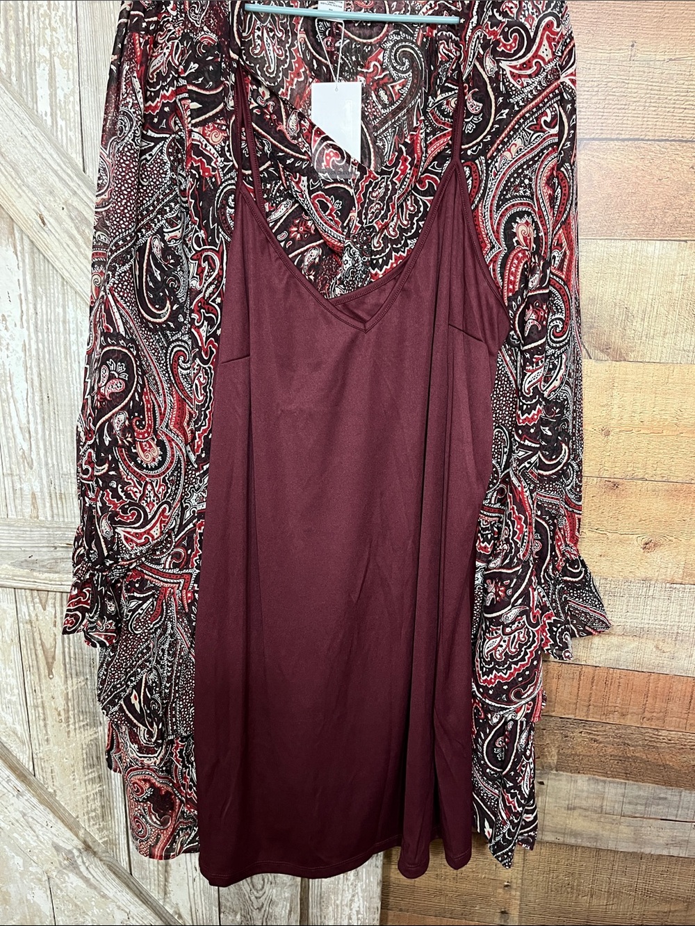 Wine and Black Paisley Tiered Long-Sleeve Dress